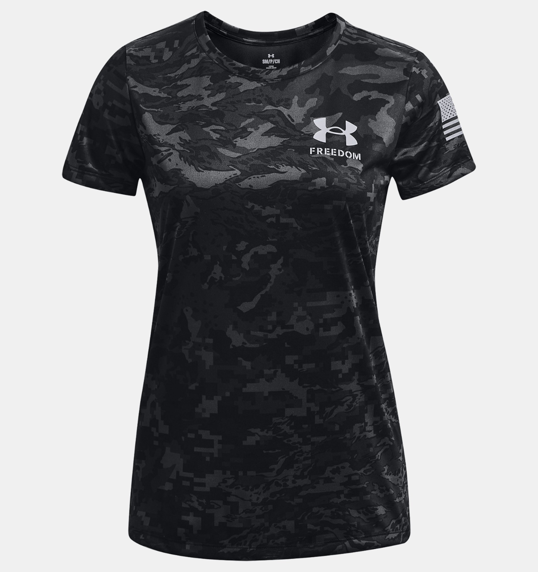 Women's UA Freedom Tech™ Camo Short Sleeve: UA Freedom's goal is to support and inspire the brave men and women dedicated to protecting us, every day. *UA Tech™ fabric is quick-drying, ultra-soft & has a more natural feel *Material wicks sweat & dries really fast
